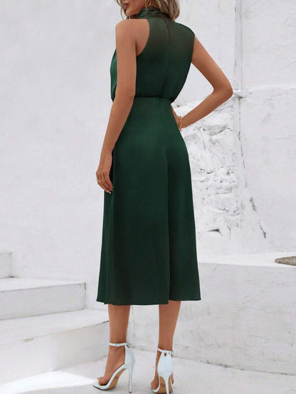 Women's Satin Cowl Neck Halter Midi Dress, Lined Silky Dress for Wedding Guest and Evening - Black