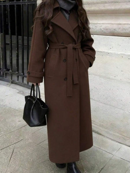 Laurel Double Breasted Belted Long Coat with Peak Lapels - Brown