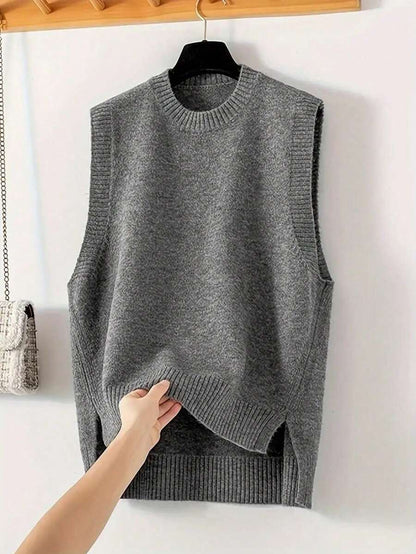 Women's Side Slit Knit Sweater Vest, Sleeveless Layering Top for Fall Work Casual - Grey