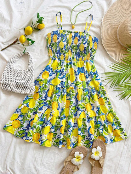 Soleia Women's Summer Holiday Solid Color Spaghetti Strap Dress With Ruffled Hem Mensa