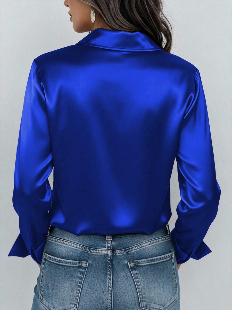 Valeria Satin Long Sleeve Button Down Collared Shirt - Royal Blue