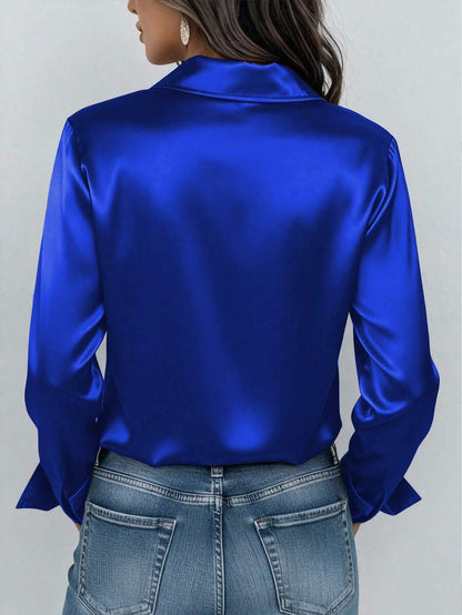 Valeria Satin Long Sleeve Button Down Collared Shirt - Royal Blue
