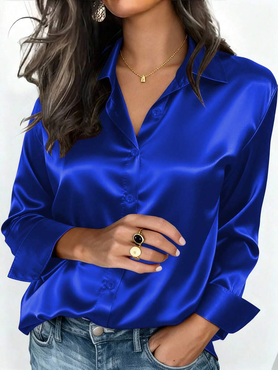 Valeria Satin Long Sleeve Button Down Collared Shirt - Royal Blue