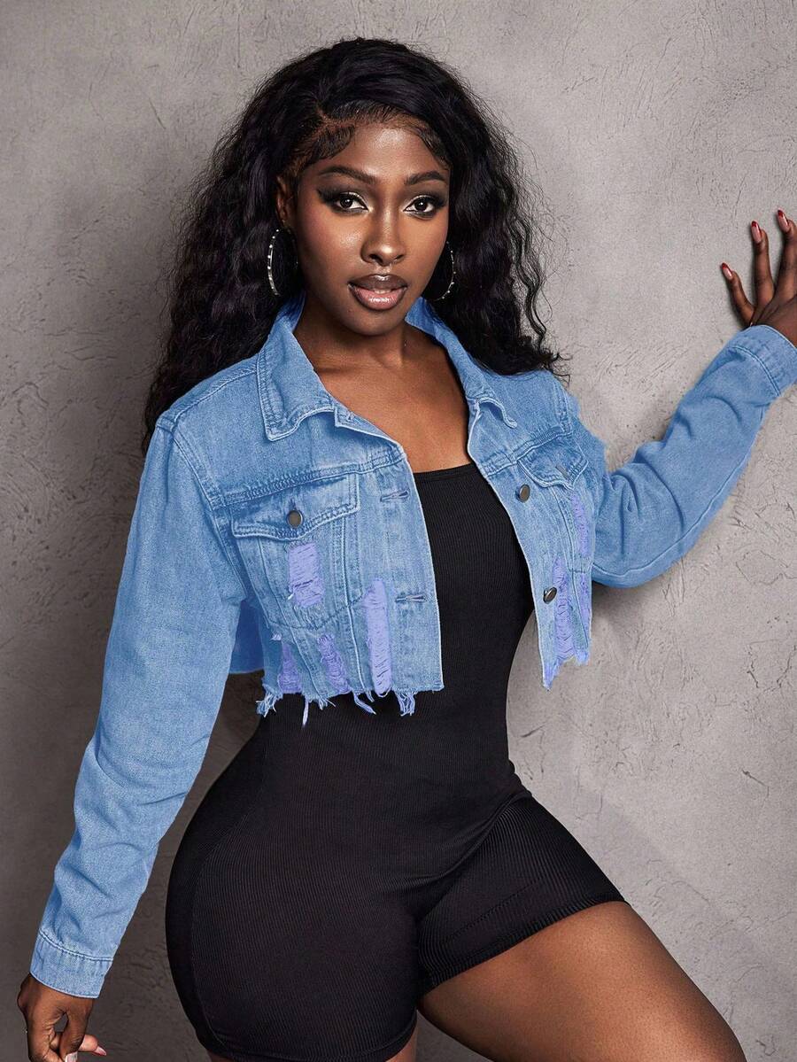 Hazel Distressed Crop Button Denim Jacket - Camel