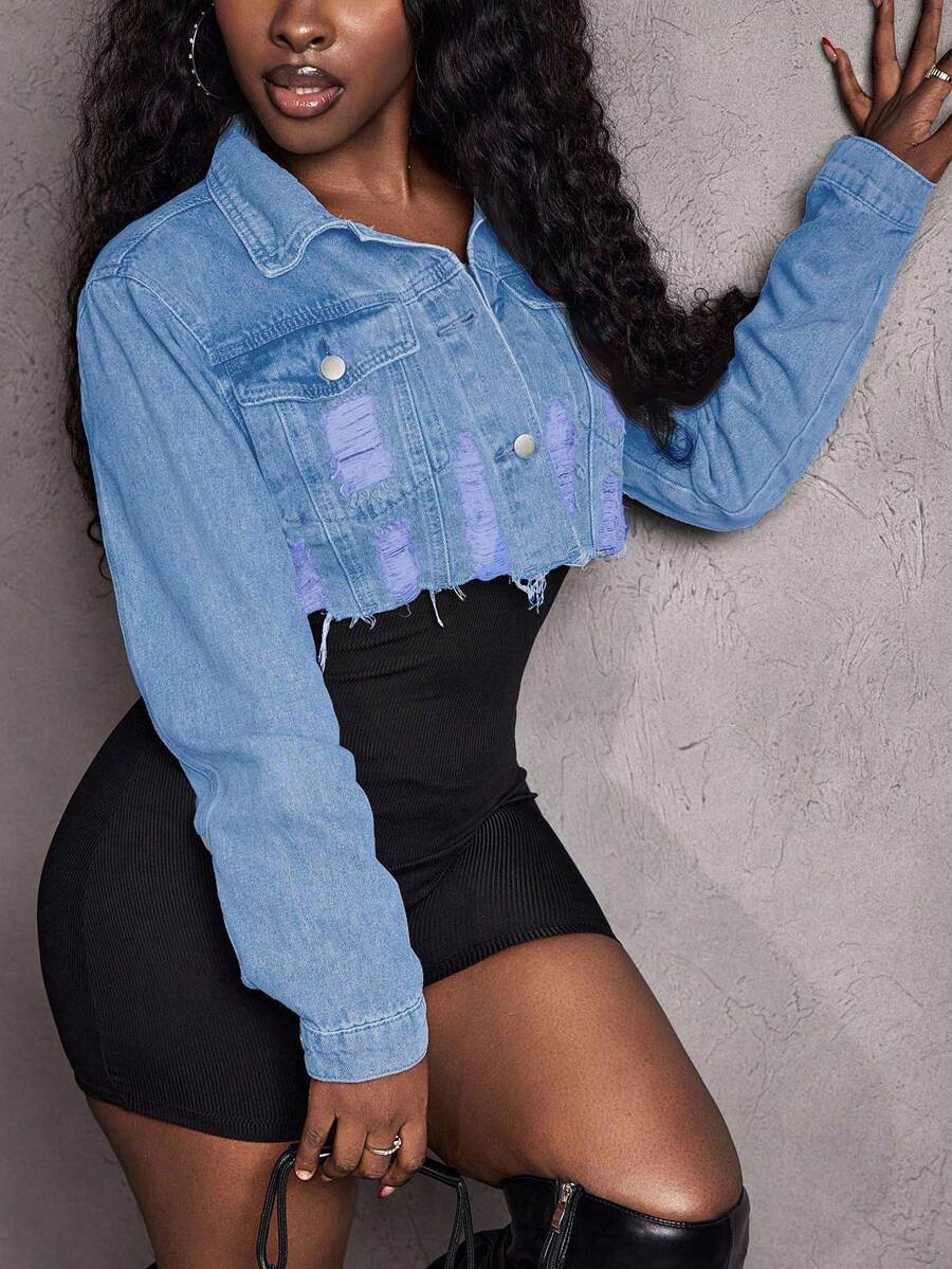 Hazel Distressed Crop Button Denim Jacket - Hot Pink