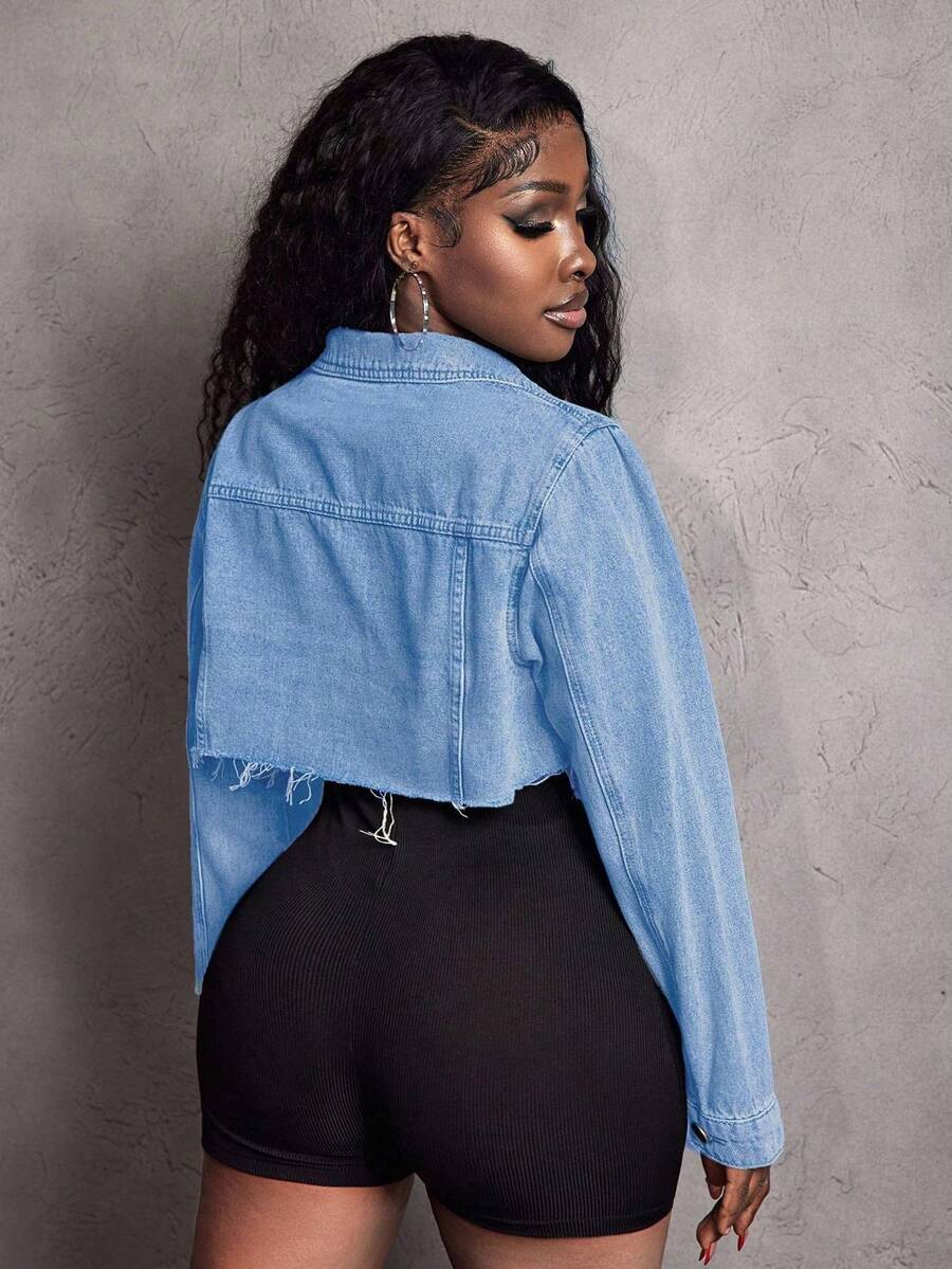 Hazel Distressed Crop Button Denim Jacket - Khaki