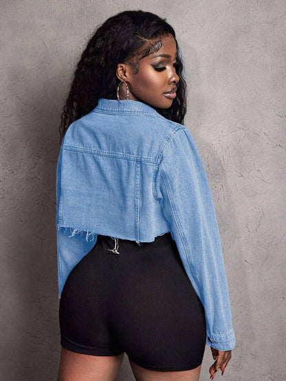 Hazel Distressed Crop Button Denim Jacket - Khaki