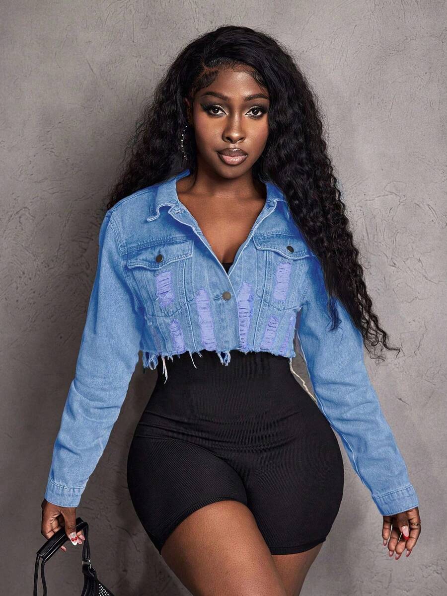 Hazel Distressed Crop Button Denim Jacket - Multicolor