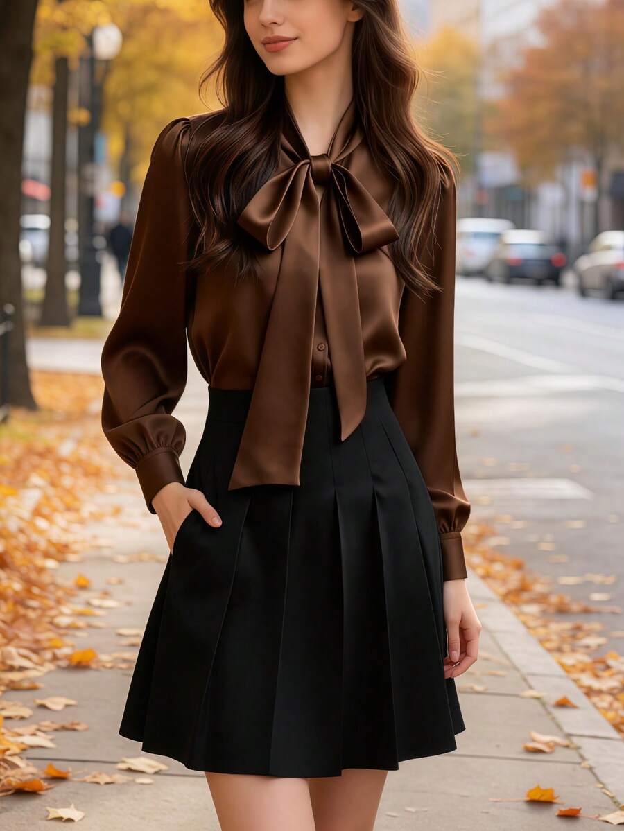 Versailles Satin Bow Tie Neck Long Sleeve Blouse