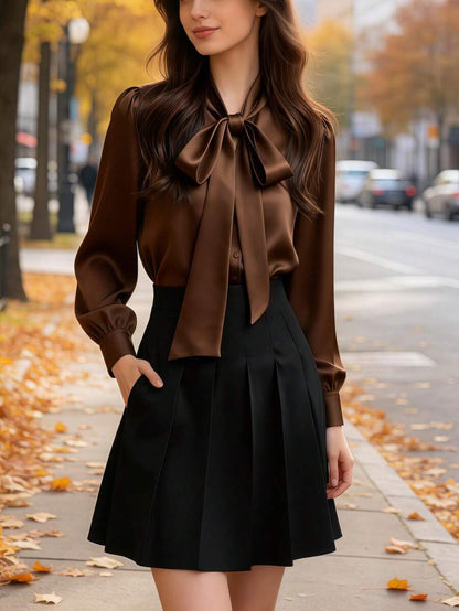 Versailles Satin Bow Tie Neck Long Sleeve Blouse