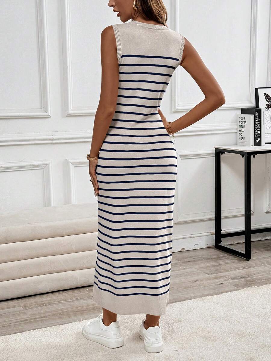 Ainsley Striped Rib Knit Sleeveless Maxi Dress - Apricot