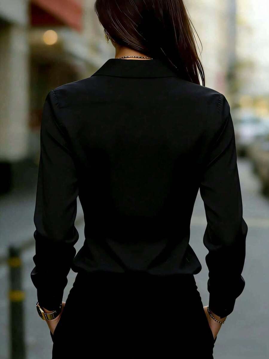 Women's Satin Button Up Collared Blouse, Long Sleeve Silky Shirt for Work and Evening - Khaki
