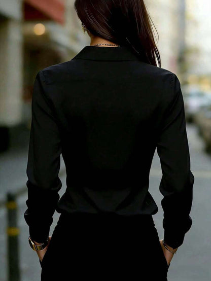 Women's Satin Button Up Collared Blouse, Long Sleeve Silky Shirt for Work and Evening - Khaki