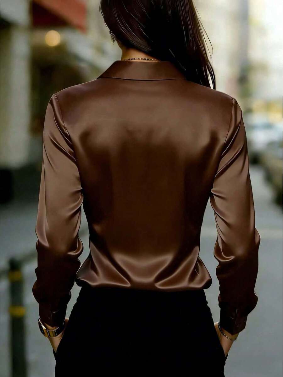 Women's Satin Button Up Collared Blouse, Long Sleeve Silky Shirt for Work and Evening - Blue