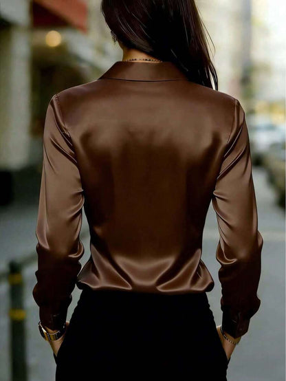 Women's Satin Button Up Collared Blouse, Long Sleeve Silky Shirt for Work and Evening - Blue