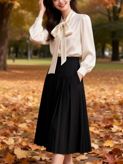Versailles Satin Bow Tie Neck Long Sleeve Blouse