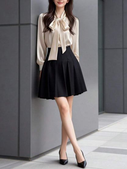 Versailles Satin Bow Tie Neck Long Sleeve Blouse