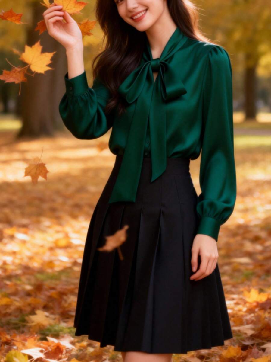 Versailles Satin Bow Tie Neck Long Sleeve Blouse