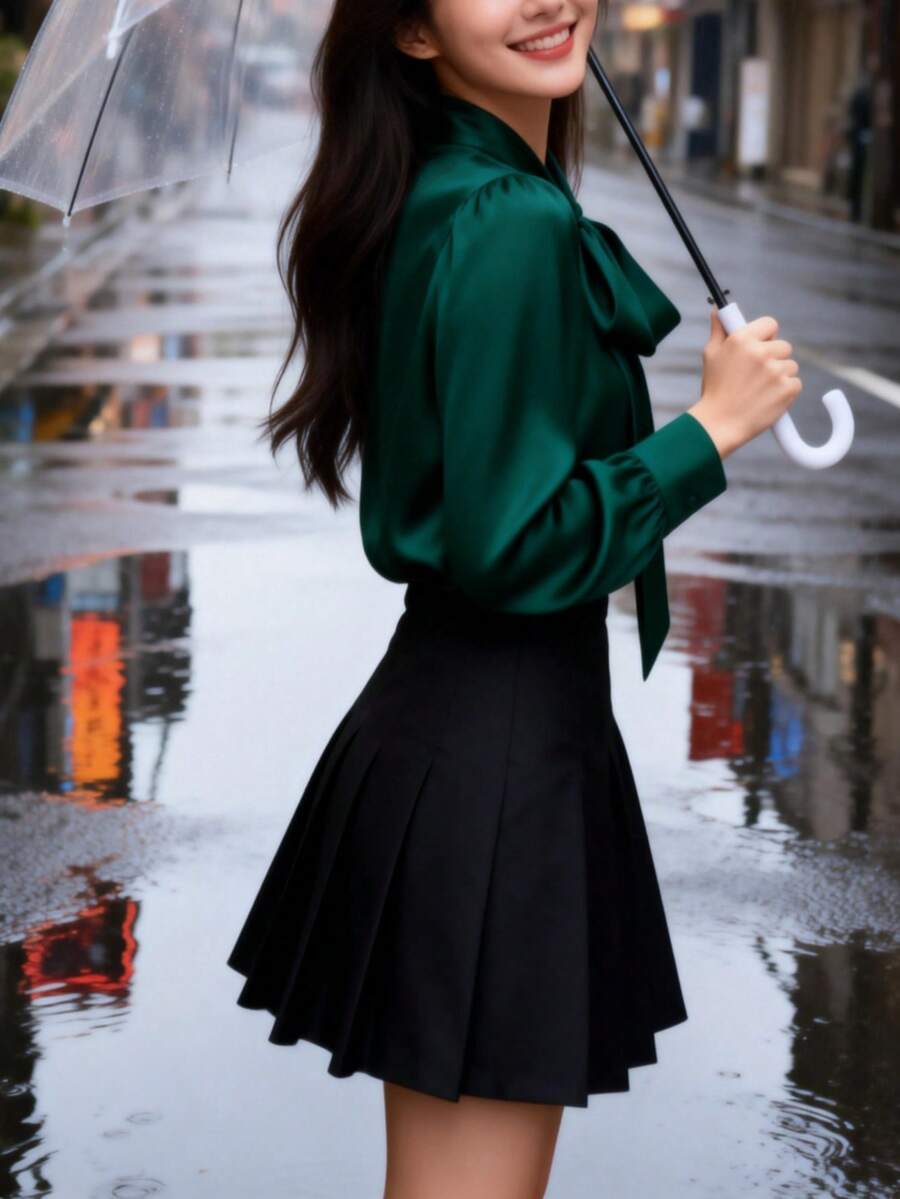 Versailles Satin Bow Tie Neck Long Sleeve Blouse