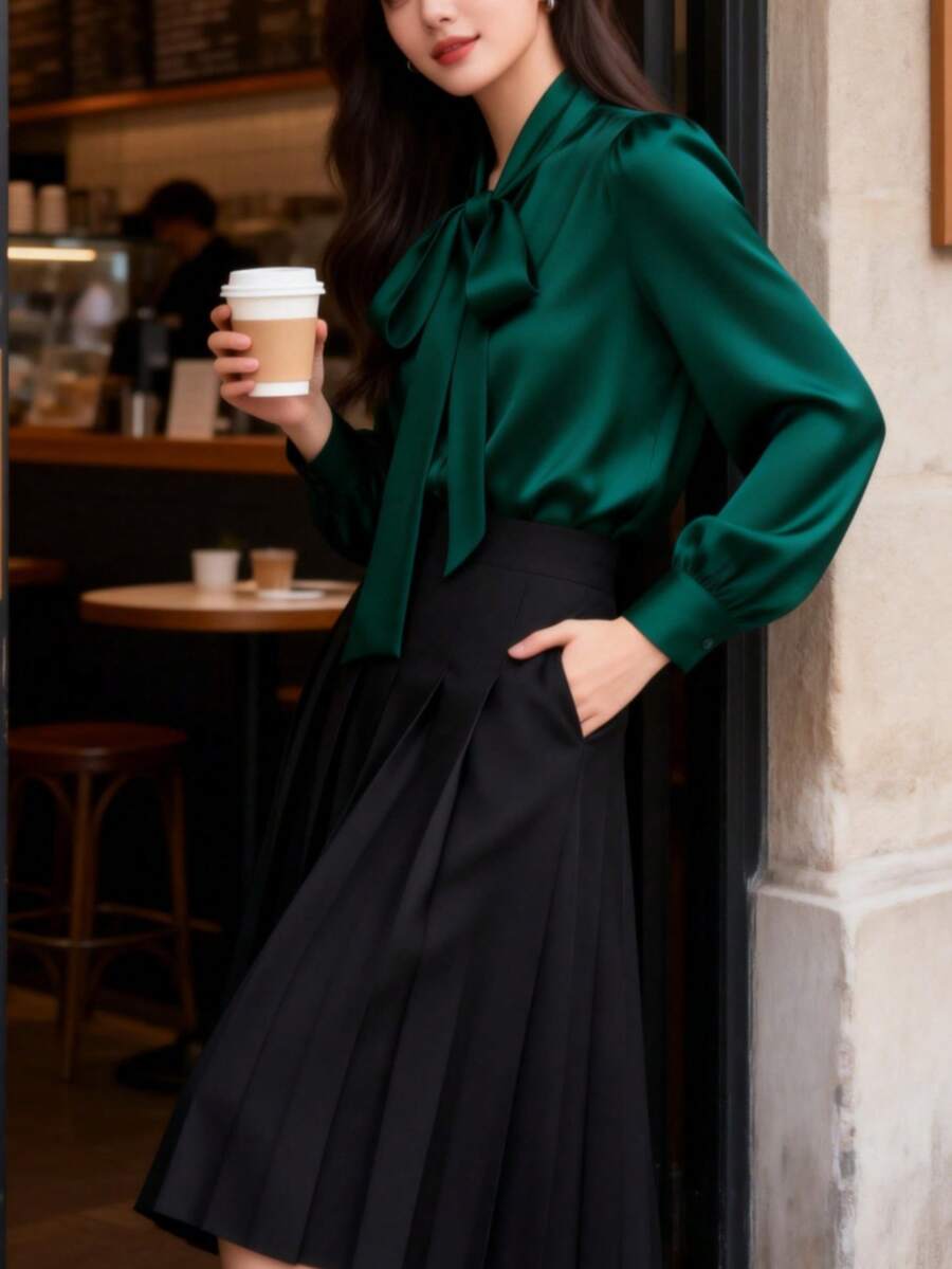 Versailles Satin Bow Tie Neck Long Sleeve Blouse