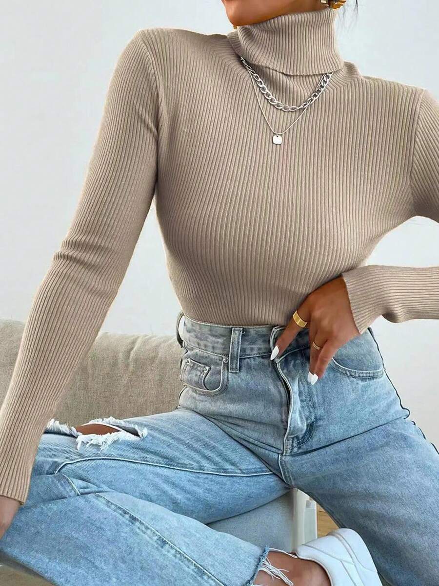 Nicolette Slim Fit Ribbed Knit Turtleneck Long Sleeve Sweater - Camel