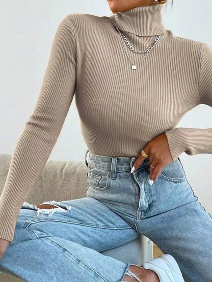 Nicolette Slim Fit Ribbed Knit Turtleneck Long Sleeve Sweater - Camel