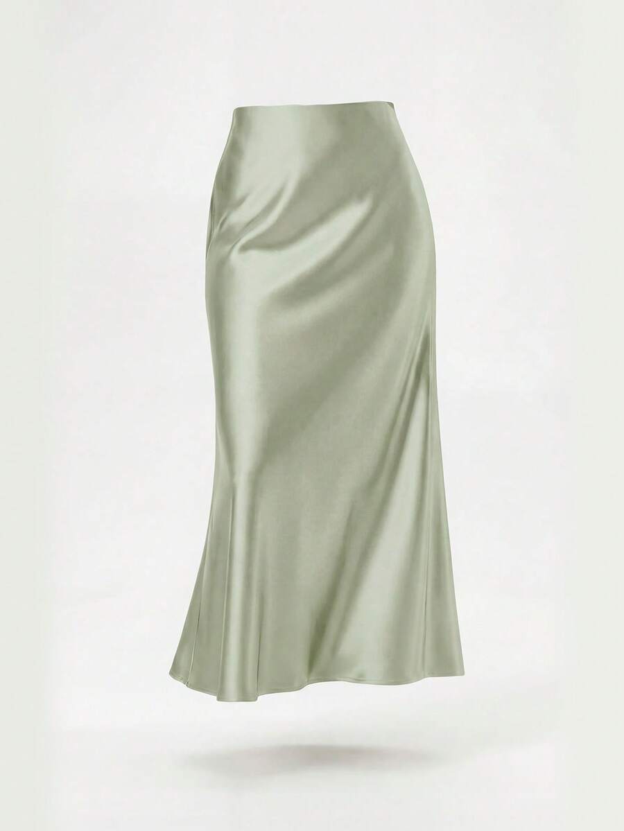 Rosabel Silky Satin Elastic Waist Maxi Slip Skirt - Pale Sage