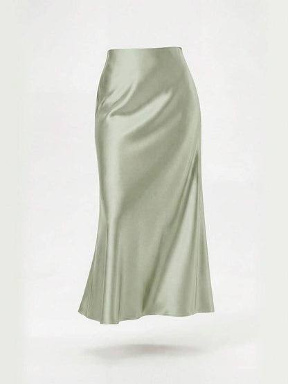 Rosabel Silky Satin Elastic Waist Maxi Slip Skirt - Pale Sage