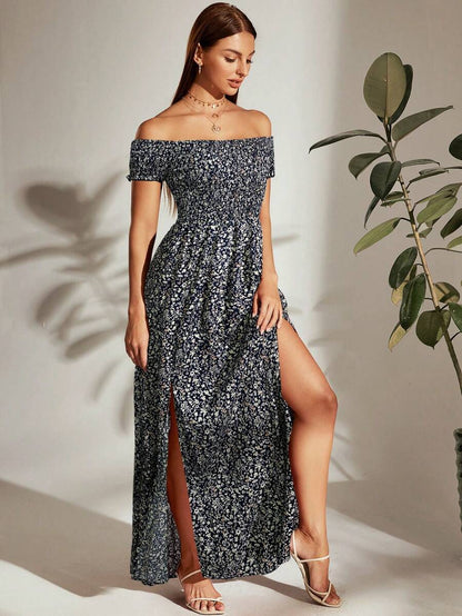 Breezaya Off Shoulder Shirred Bodice M-Slit Hem Ditsy Floral Dress Burgundy Maxi Vacation Beach Outfits Women Mensa