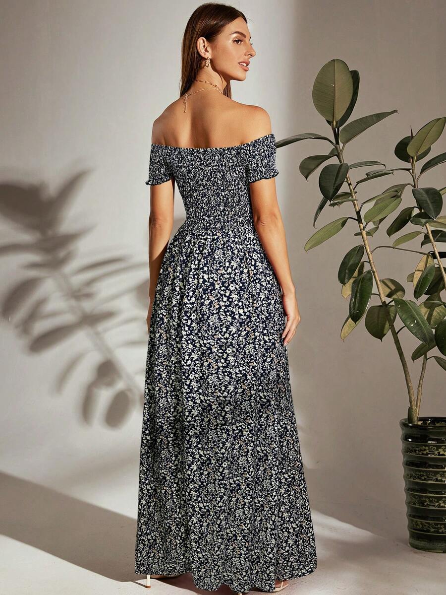 Breezaya Off Shoulder Shirred Bodice M-Slit Hem Ditsy Floral Dress Burgundy Maxi Vacation Beach Outfits Women Mensa