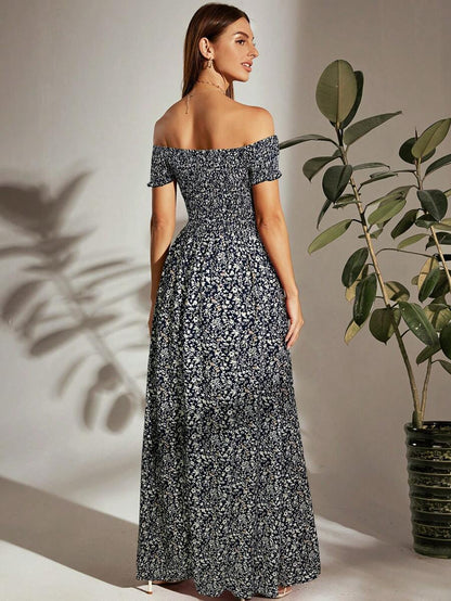 Breezaya Off Shoulder Shirred Bodice M-Slit Hem Ditsy Floral Dress Burgundy Maxi Vacation Beach Outfits Women Mensa