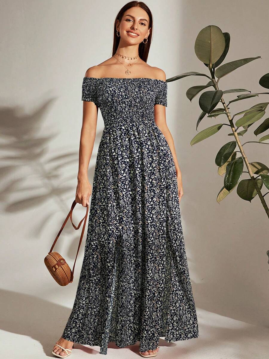 Breezaya Off Shoulder Shirred Bodice M-Slit Hem Ditsy Floral Dress Burgundy Maxi Vacation Beach Outfits Women Mensa