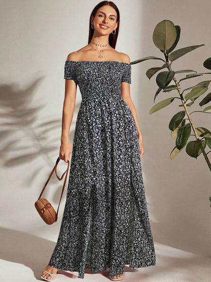 Breezaya Off Shoulder Shirred Bodice M-Slit Hem Ditsy Floral Dress Burgundy Maxi Vacation Beach Outfits Women Mensa