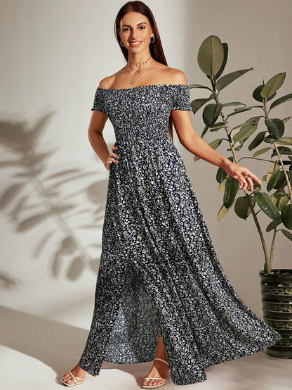 Breezaya Off Shoulder Shirred Bodice M-Slit Hem Ditsy Floral Dress Burgundy Maxi Vacation Beach Outfits Women Mensa