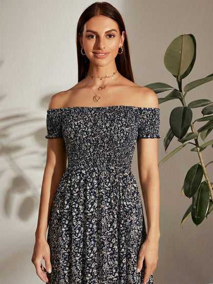 Breezaya Off Shoulder Shirred Bodice M-Slit Hem Ditsy Floral Dress Burgundy Maxi Vacation Beach Outfits Women Mensa