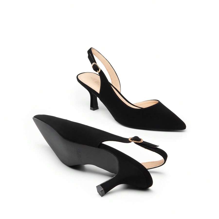 Women's Pointed Toe Slingback Kitten Heel Pumps, 2.36 Inch Buckle Strap Dress Shoes for Work and Wedding Guest