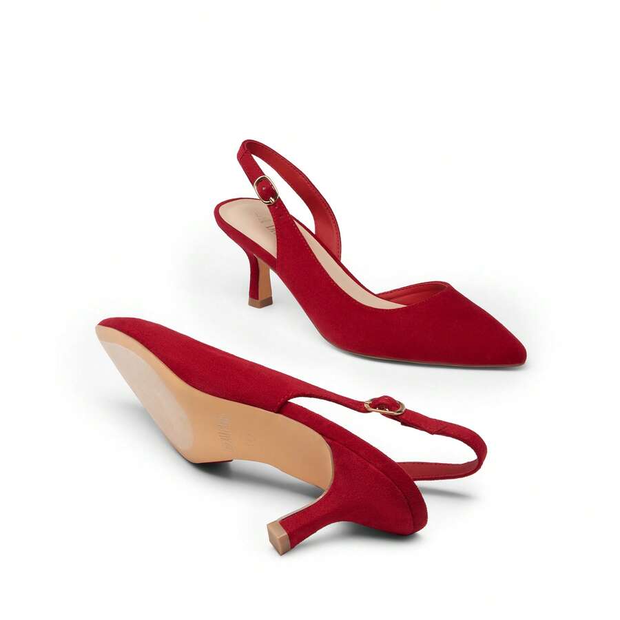 Women's Pointed Toe Slingback Kitten Heel Pumps, 2.36 Inch Buckle Strap Dress Shoes for Work and Wedding Guest