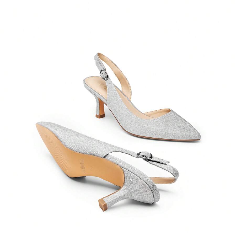 Women's Pointed Toe Slingback Kitten Heel Pumps, 2.36 Inch Buckle Strap Dress Shoes for Work and Wedding Guest