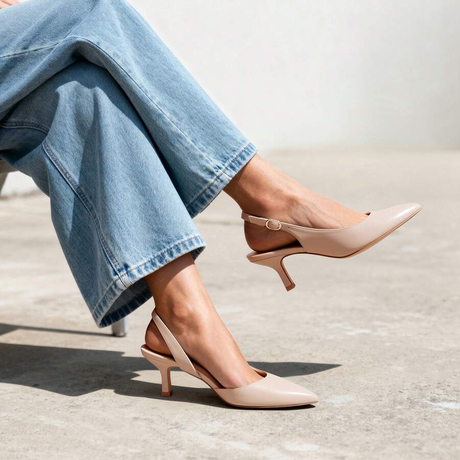 Women's Pointed Toe Slingback Kitten Heel Pumps, 2.36 Inch Buckle Strap Dress Shoes for Work and Wedding Guest