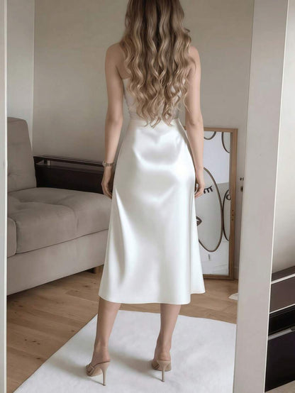 Women's Satin High Slit Midi Skirt, Silky Slip Skirt for Evening and Wedding Guest - Coffee Brown