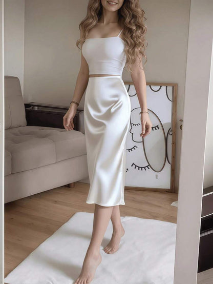 Women's Satin High Slit Midi Skirt, Silky Slip Skirt for Evening and Wedding Guest - Coffee Brown