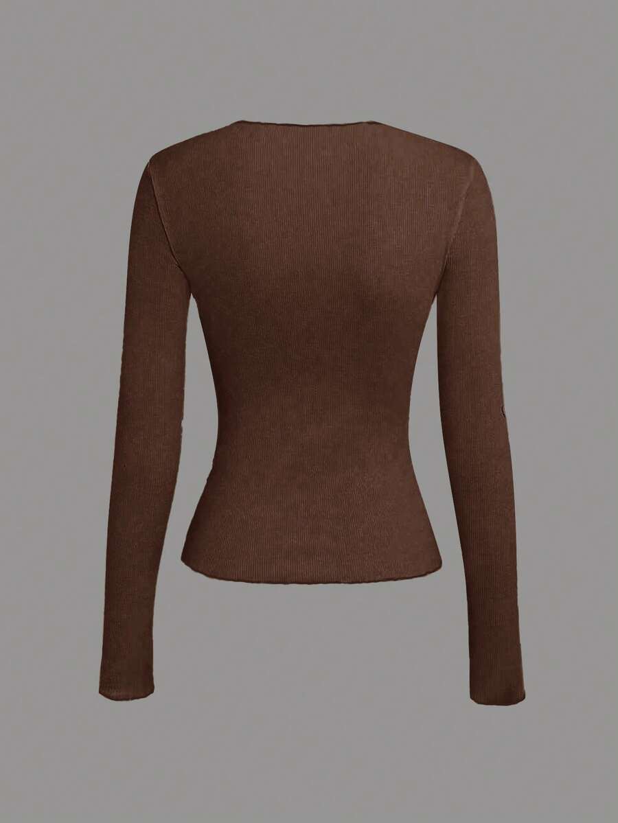 Evelina Seam Detail Ribbed Slim Fit Long Sleeve Knit Top - Coffee Brown