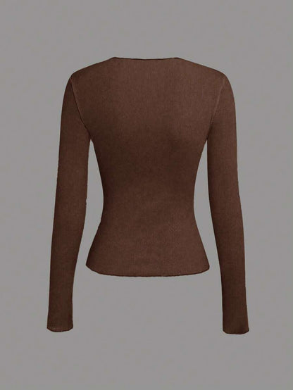 Evelina Seam Detail Ribbed Slim Fit Long Sleeve Knit Top - Coffee Brown