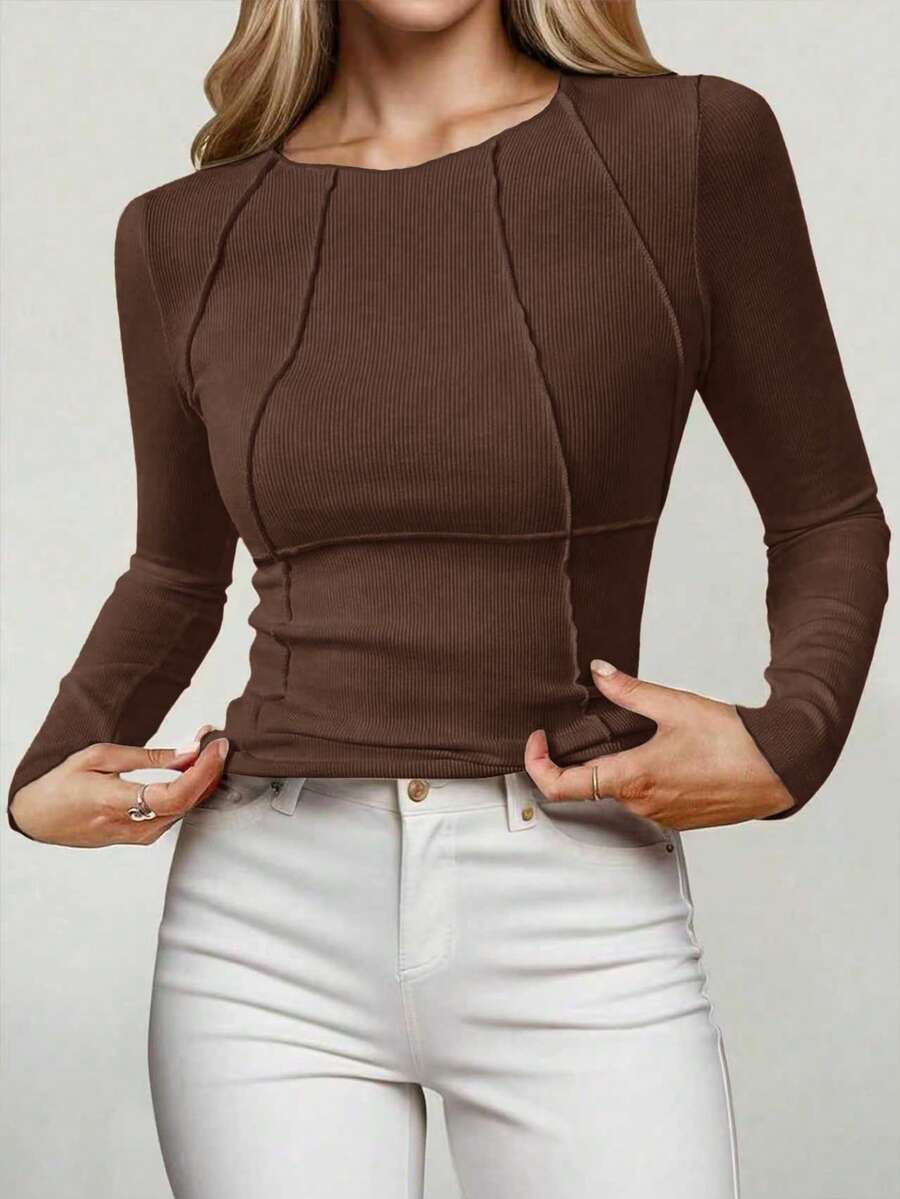 Evelina Seam Detail Ribbed Slim Fit Long Sleeve Knit Top - Coffee Brown