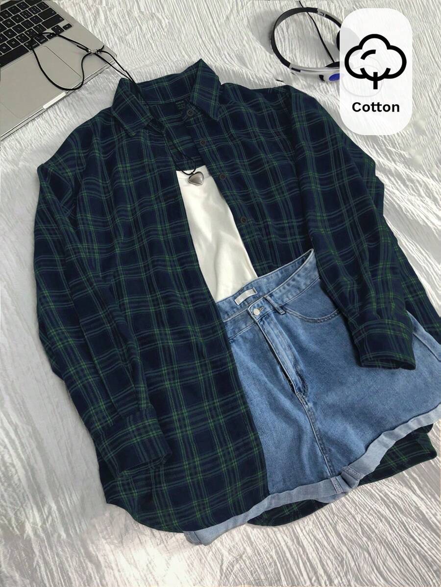 Maeve Vintage Plaid Loose Fit Shirt - Green