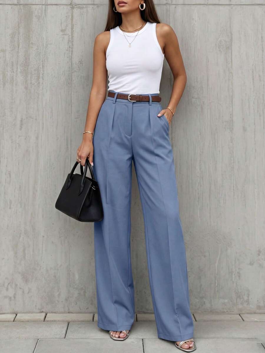 Simone High-Waist Pleated Wide-Leg Trousers with Pockets - Baby Blue