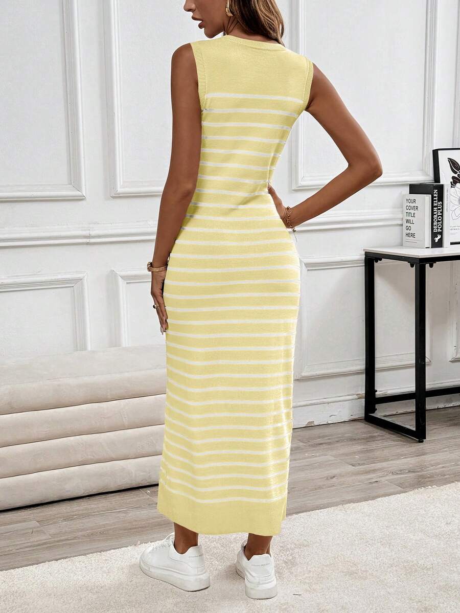 Ainsley Striped Rib Knit Sleeveless Maxi Dress - Apricot