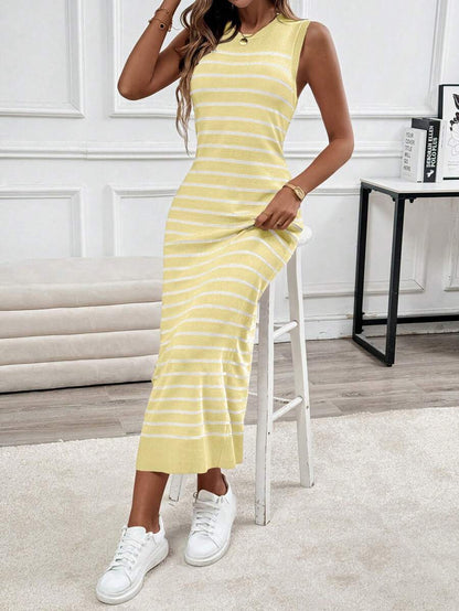 Ainsley Striped Rib Knit Sleeveless Maxi Dress - Khaki