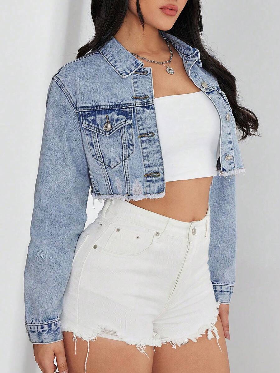 Bridget Frayed Hem Crop Washed Denim Jacket - Dark Wash