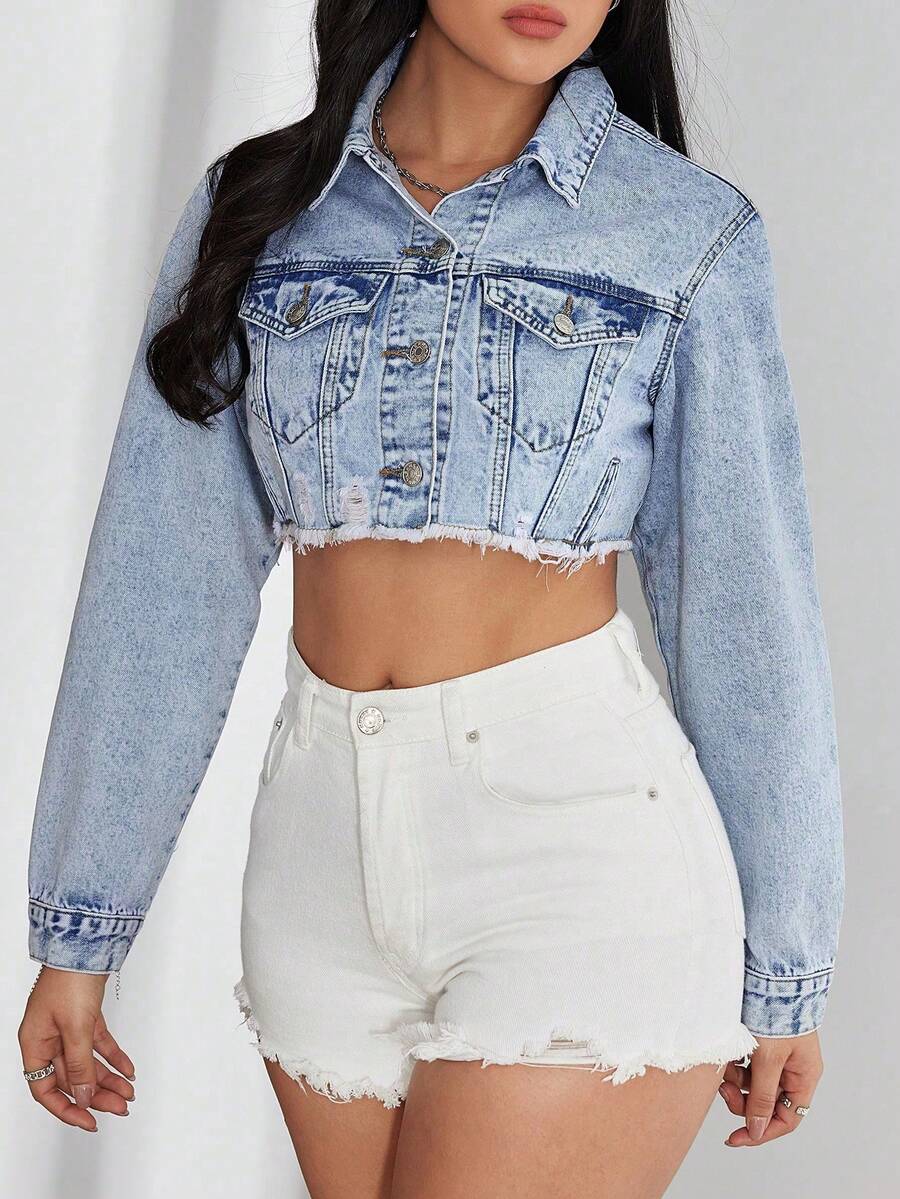 Bridget Frayed Hem Crop Washed Denim Jacket - Medium Wash